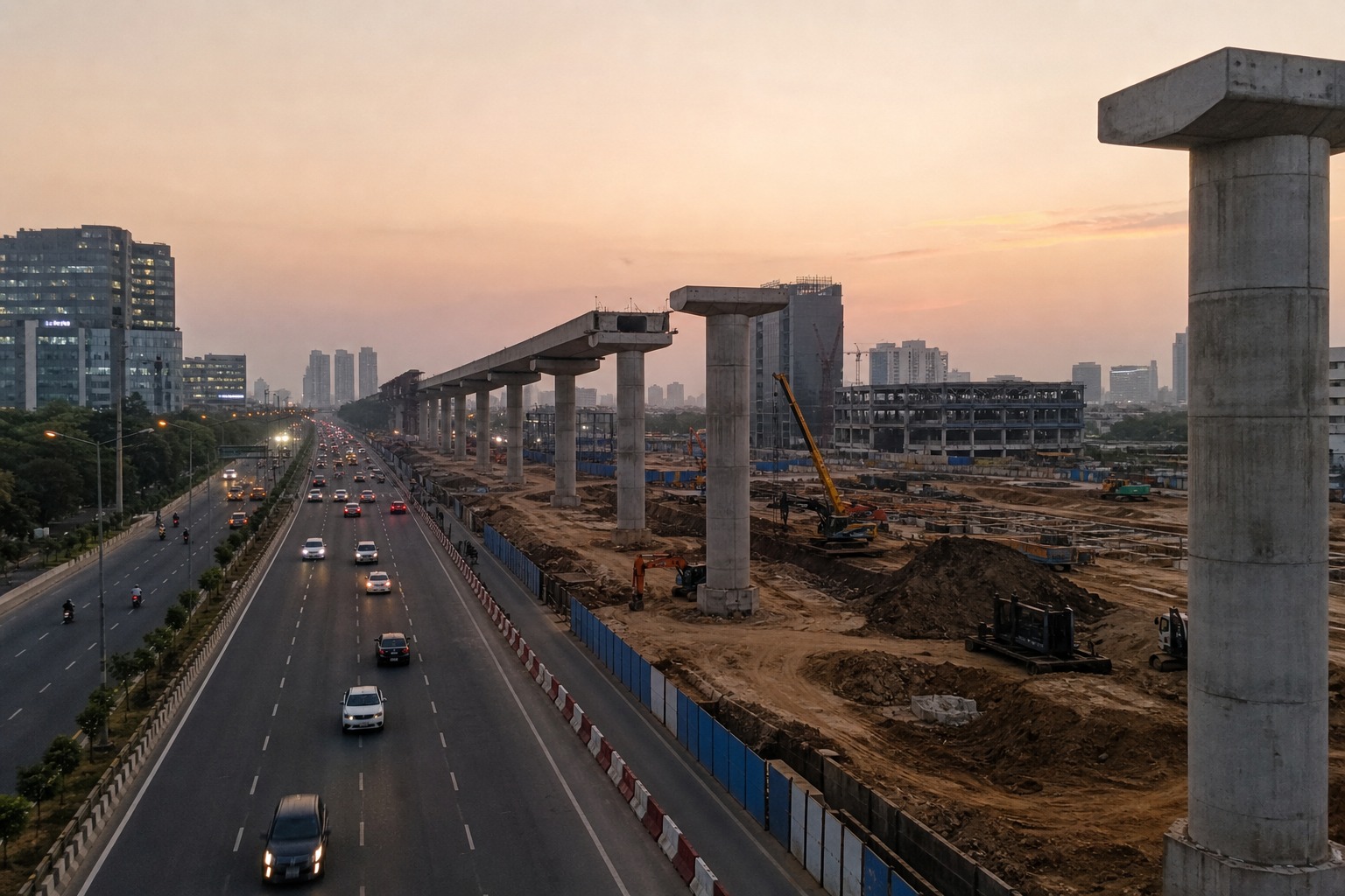 Elevated metro construction corridor under development along an urban arterial in Gurugram