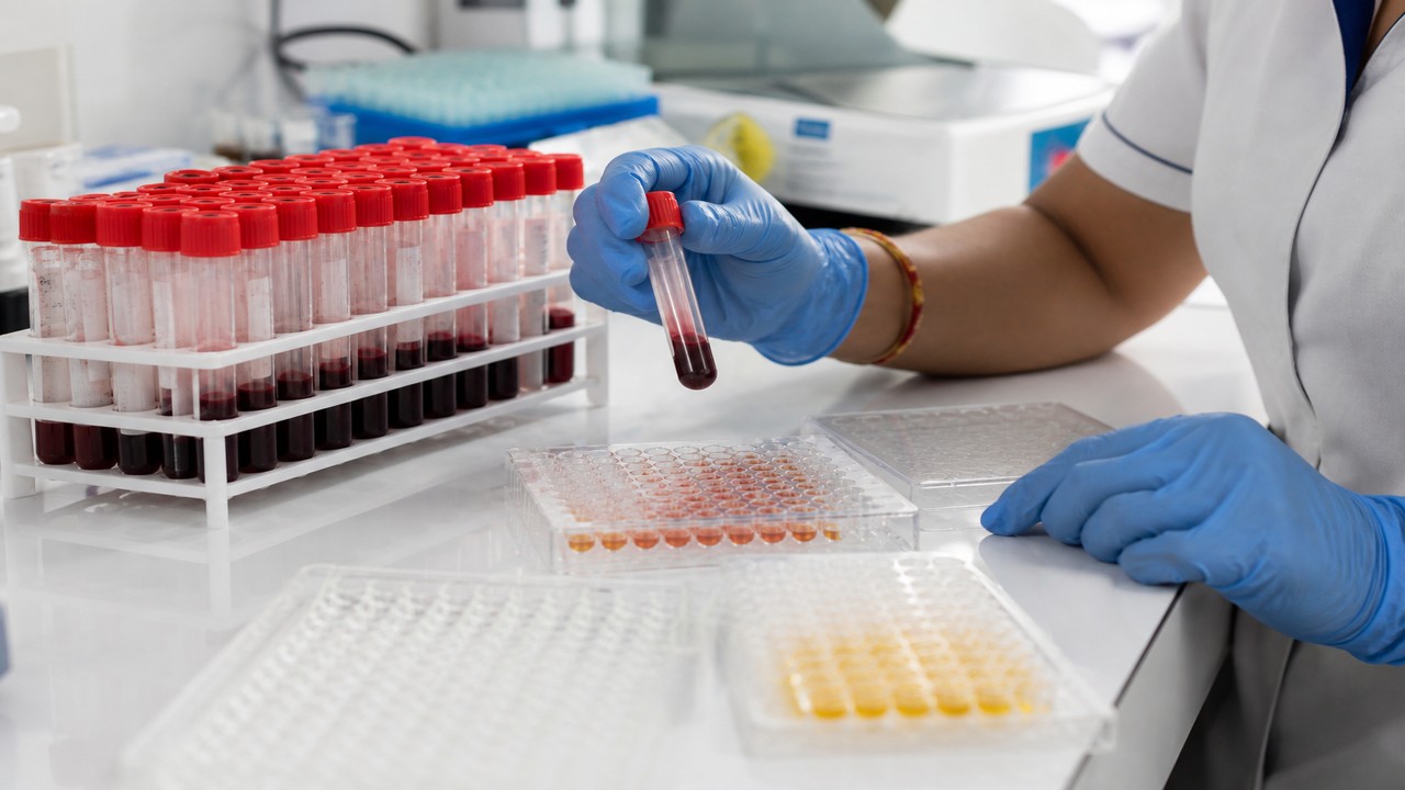 Illustrative clinical laboratory bench with sealed sample vials and soft-focus equipment, no readable labels