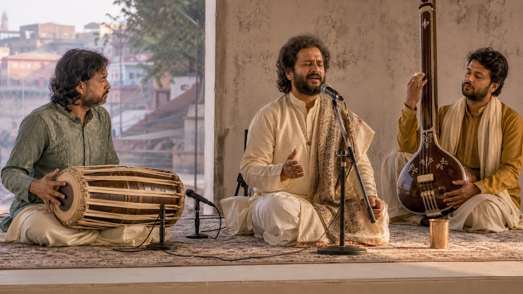 Classical vocalist performing with pakhawaj and tanpura