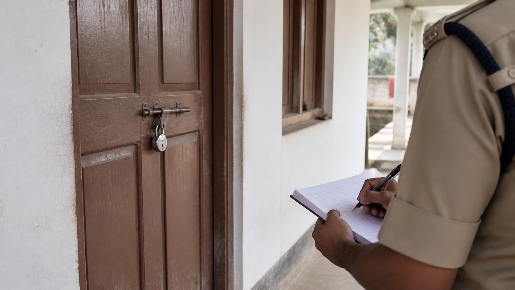 Police notebook and a closed residential door representing a family complaint
