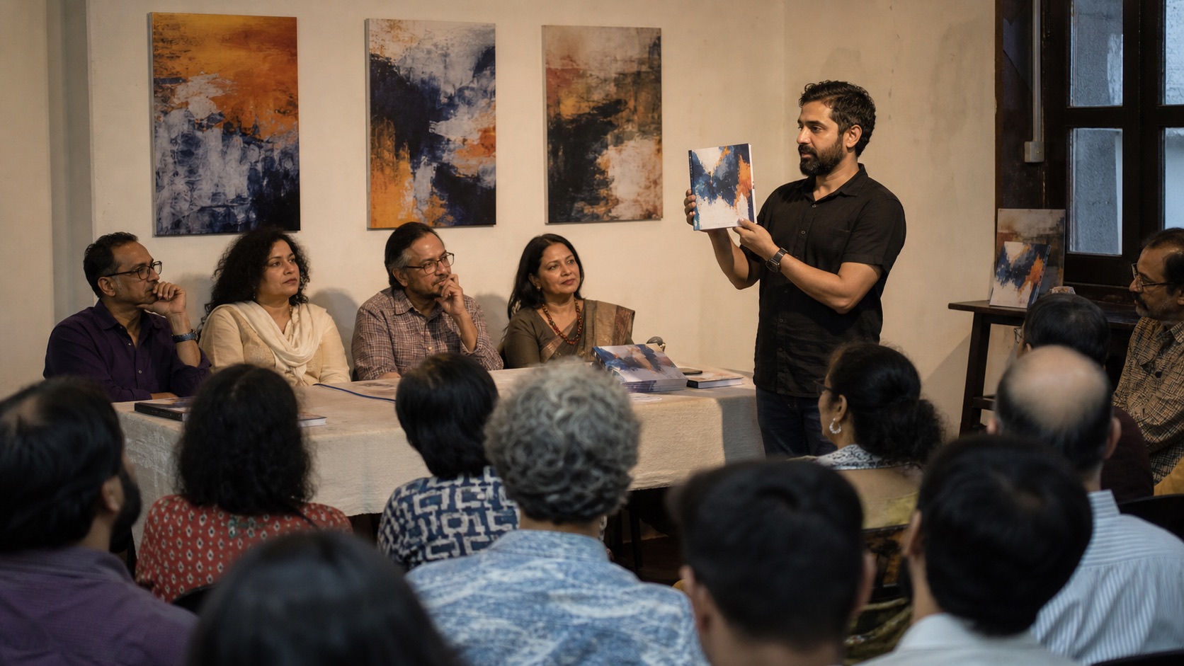 Writers presenting a literary journal to an audience at a small hall