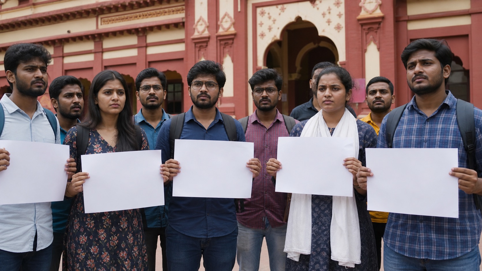 University students holding blank placards outside an administrative building