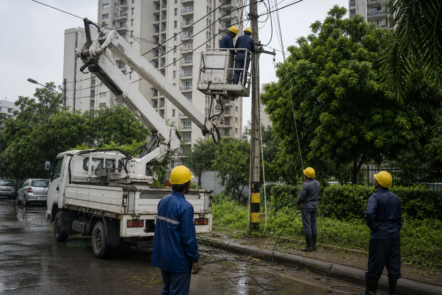 Power-line repair crew working after rain in a Gurugram neighbourhood