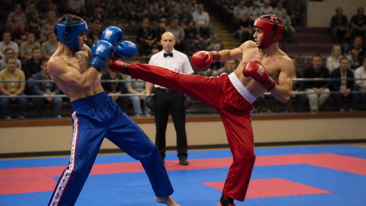 Two young kickboxers competing on a protected mat
