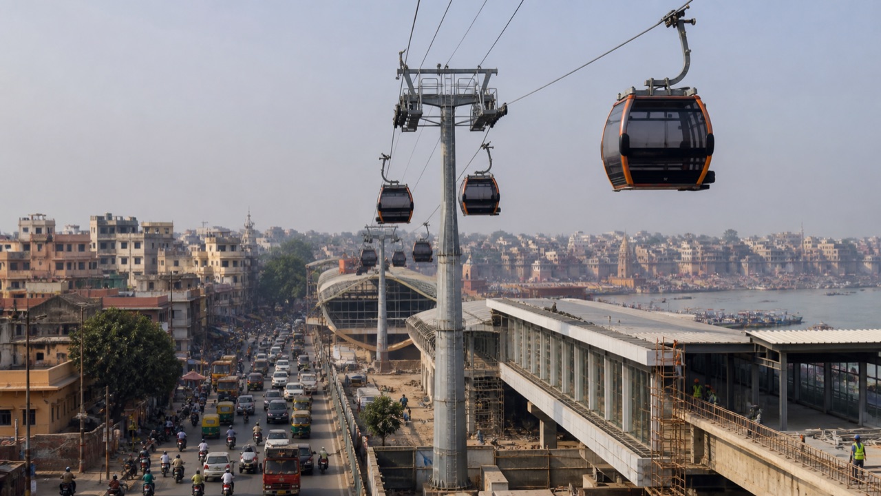 Urban ropeway cabins above a busy Indian city corridor