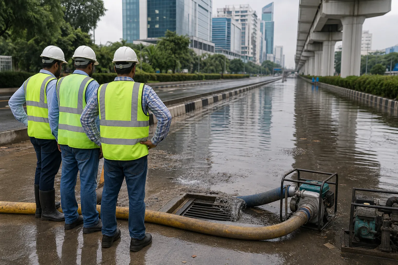 Drainage engineers inspecting a waterlogged Gurugram junction after rain
