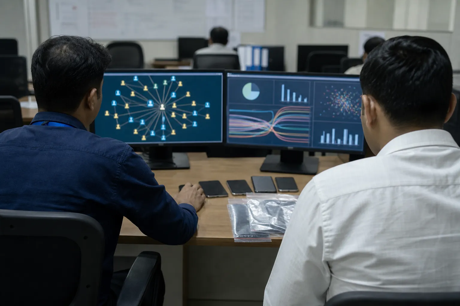 Cybercrime investigators examining bank transaction data in Gurugram