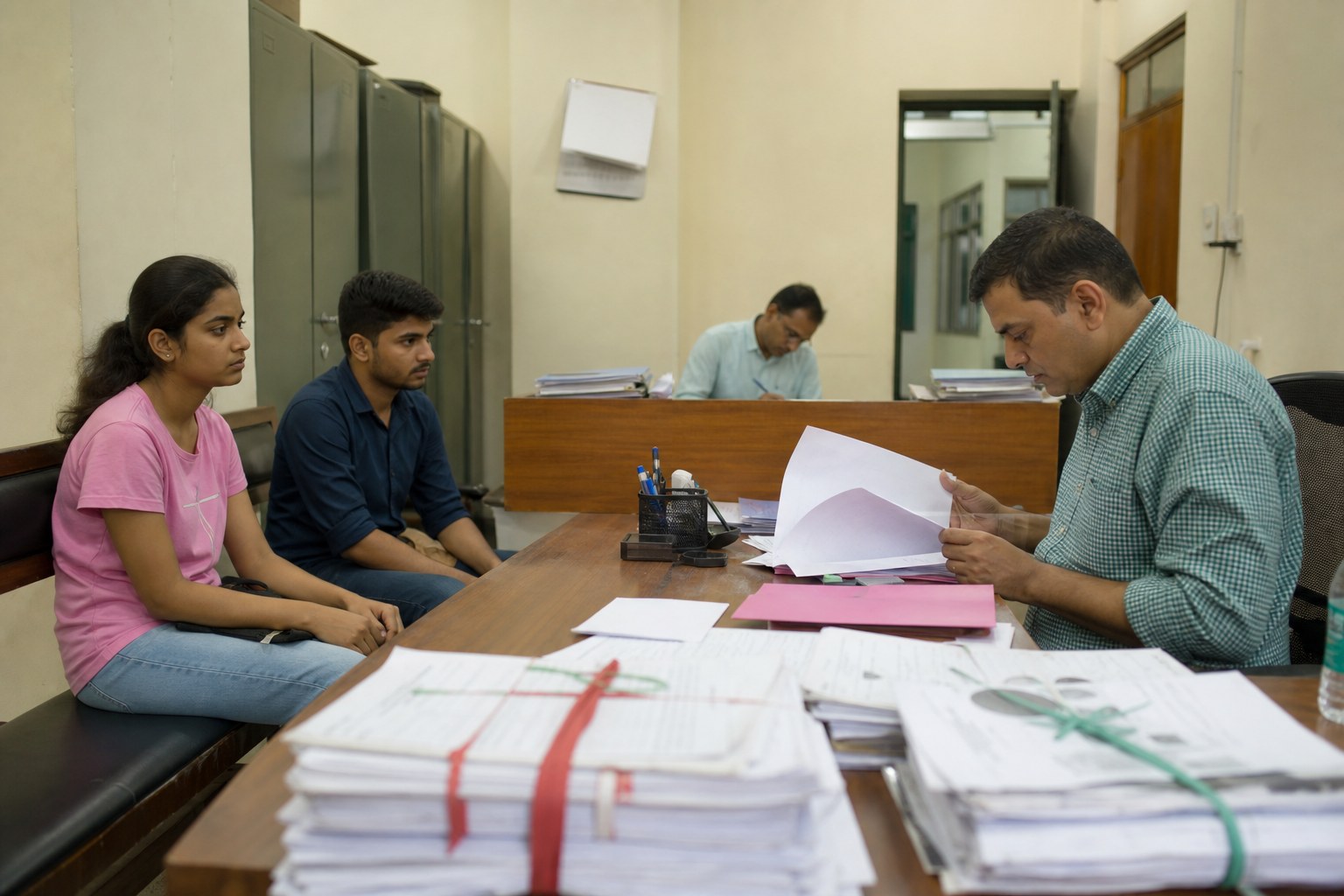 Representational illustration of an MCC counselling office with files and two candidates waiting on a September calendar