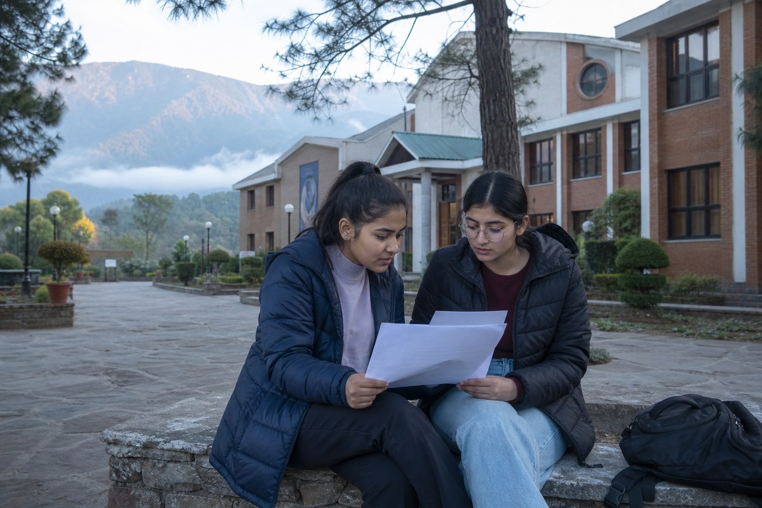Representational illustration of an Uttarakhand hill medical campus with two students checking allotment sheets