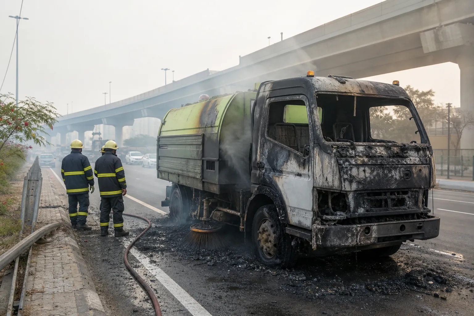 MCG Sweeping Truck Gutted in Rajiv Chowk Fire