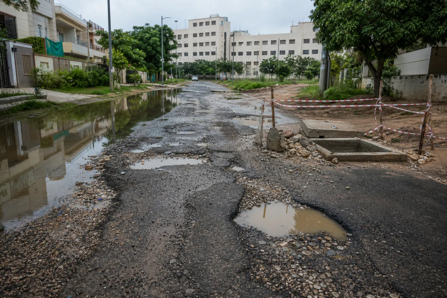 Waterlogged and pothole-damaged road in a Gurugram residential sector