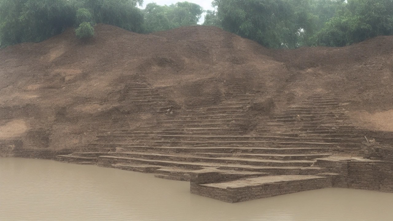 Empty flooded stone ghat steps descending into a wide brown monsoon river under a grey overcast sky, wet stone glistening, no people, no boats close, no text or logos