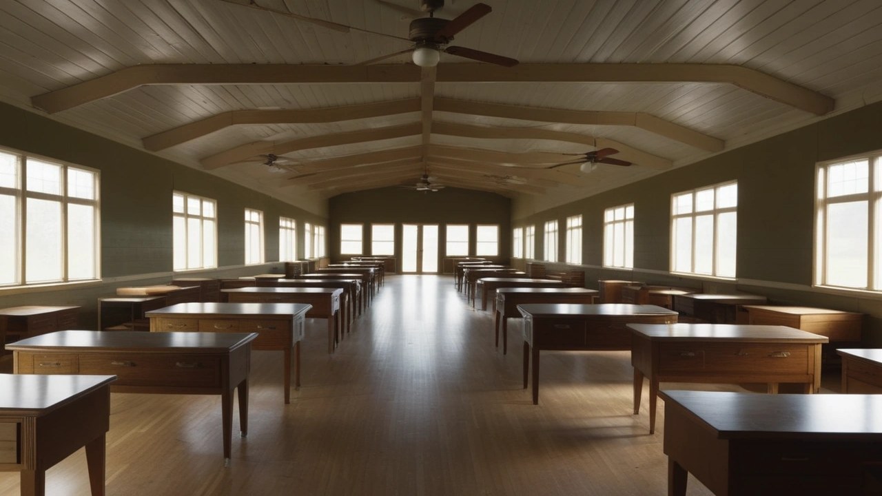 Empty school classroom set up as a flood relief camp with plain mats and stacked relief kits along a wall, daylight through windows, no people, no text or logos