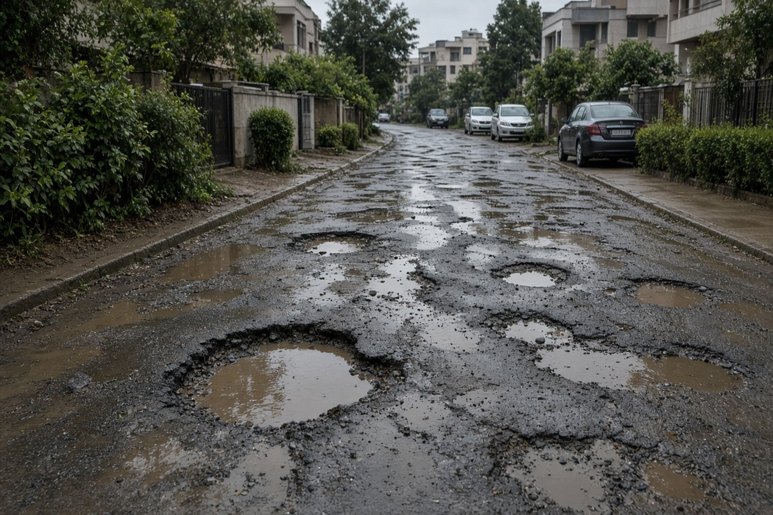 Potholed internal sector road in Gurugram Sector 14