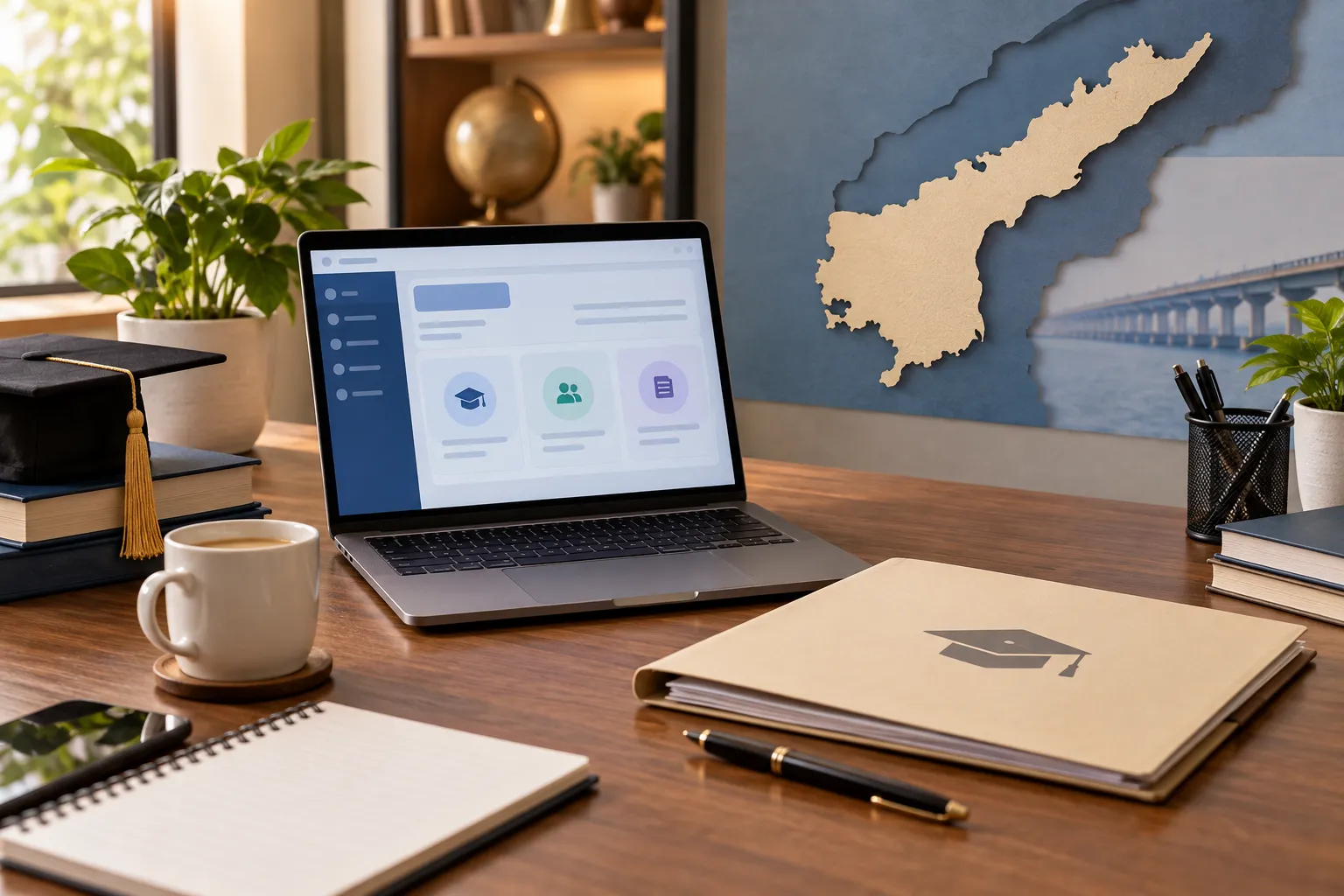 Representational view of an Andhra Pradesh MBA and MCA counselling desk with an allotment folder and laptop