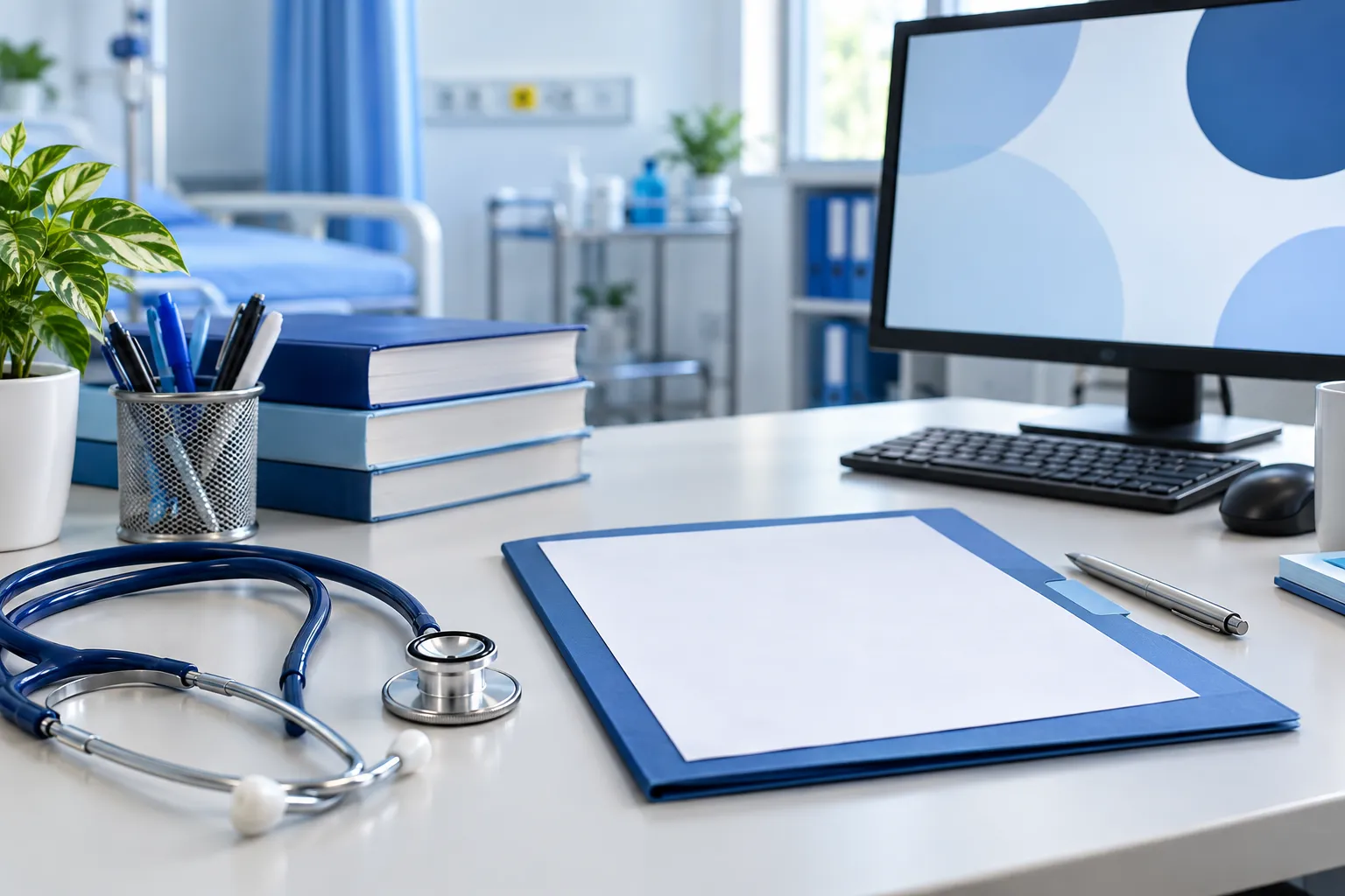 Representational nursing recruitment desk with an unbranded admit-card folder, stethoscope and computer