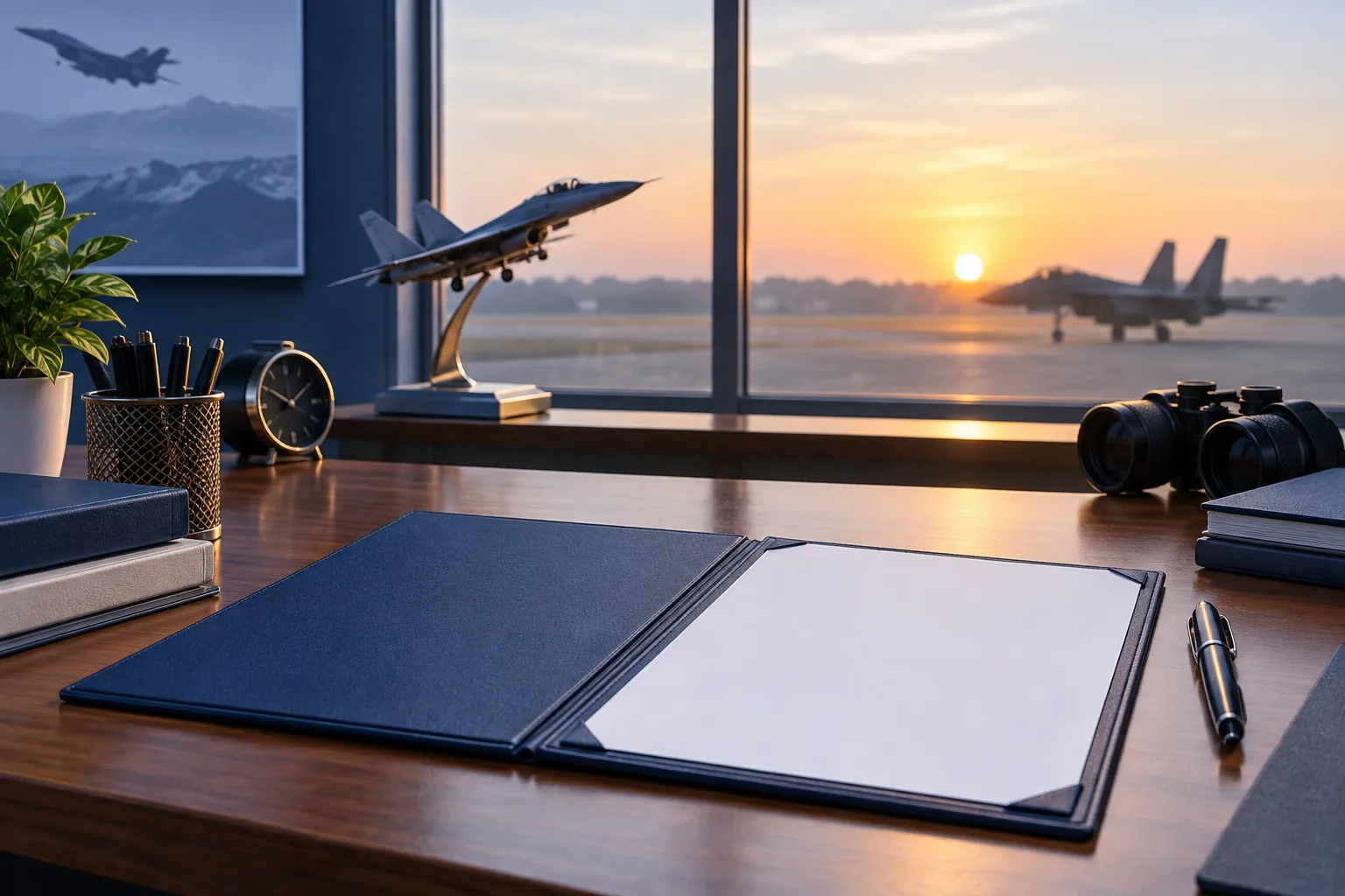 Representational Air Force selection desk with a candidate scorecard folder and a neutral aircraft silhouette