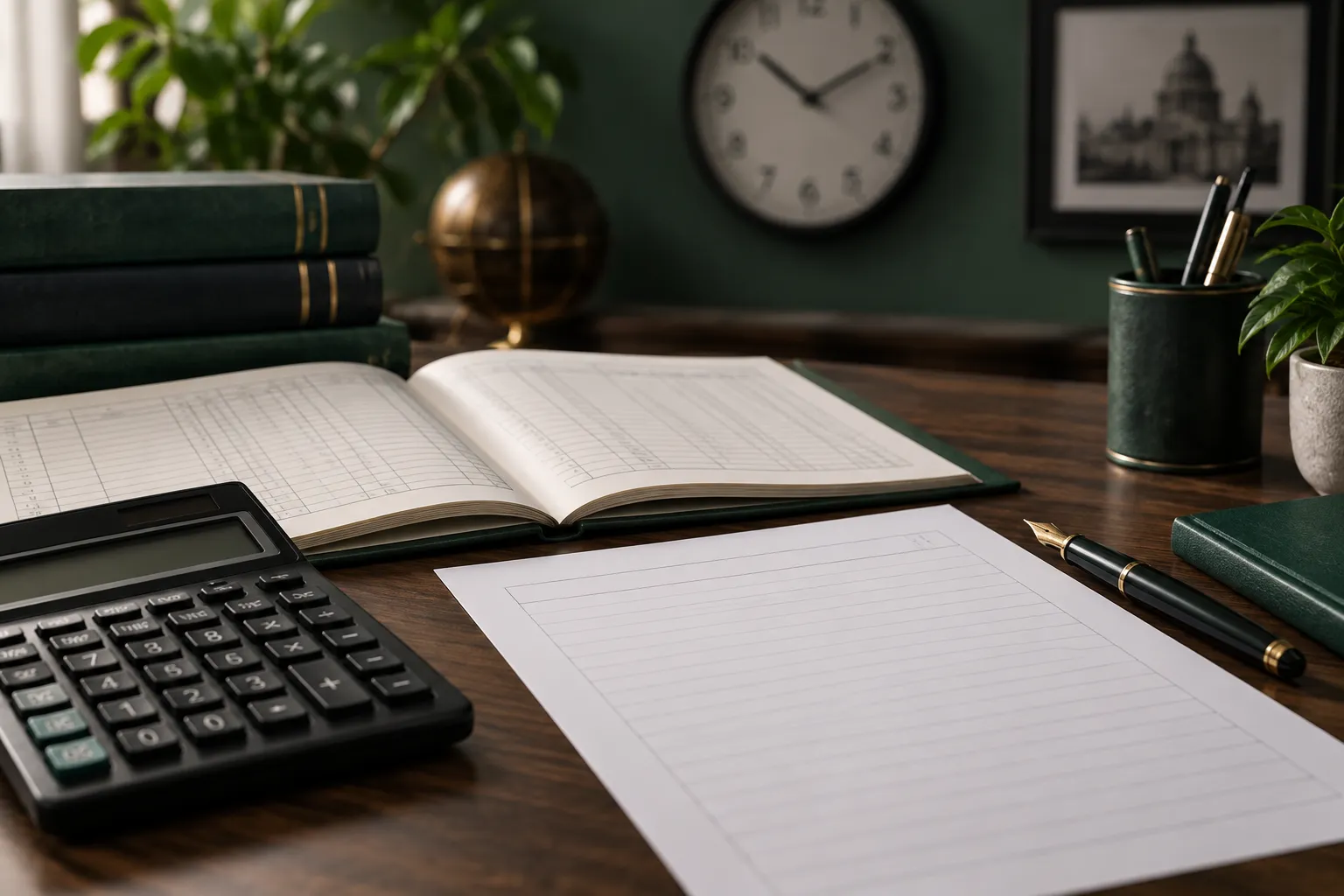 Representational accountancy exam desk with calculator, ledger sheets and an unbranded timed mock paper