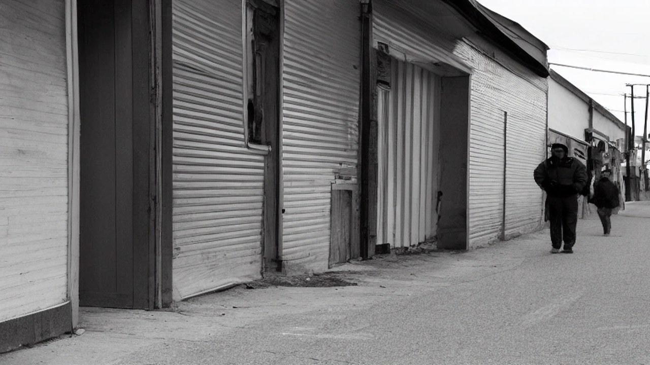 Empty small-town market shutter corridor soft morning light, no people, no logos, no readable signs, no text