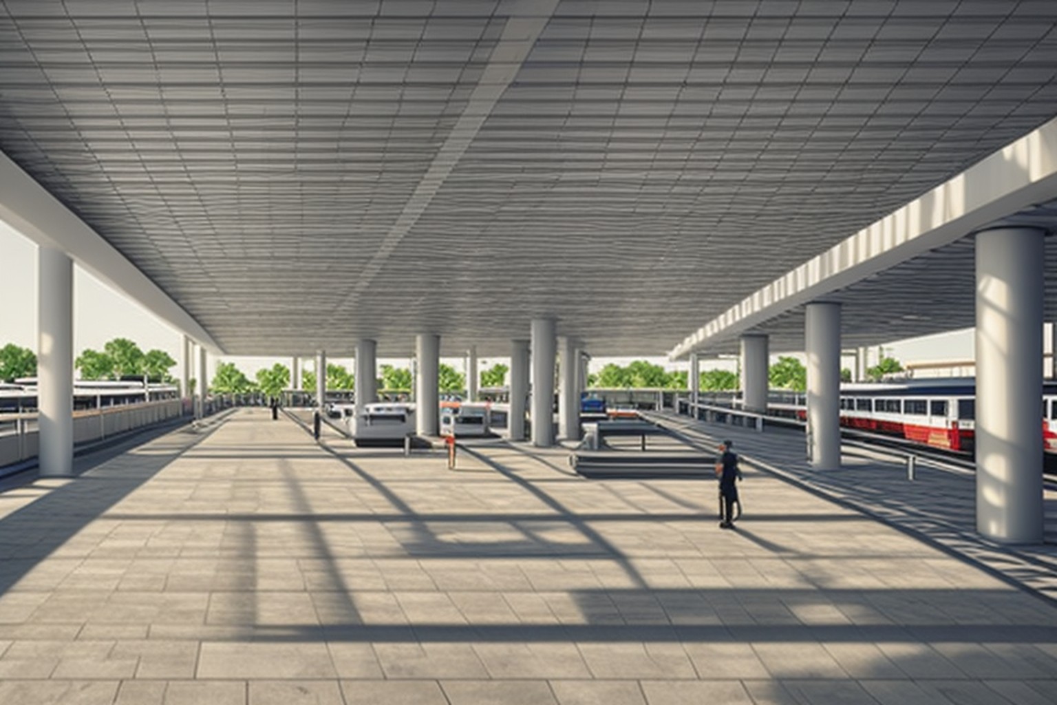 Illustrative elevated metro corridor and station area with empty parking apron