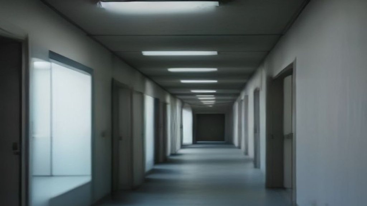 Empty police station corridor soft daylight, no seals or readable boards, no people, no logos, no text