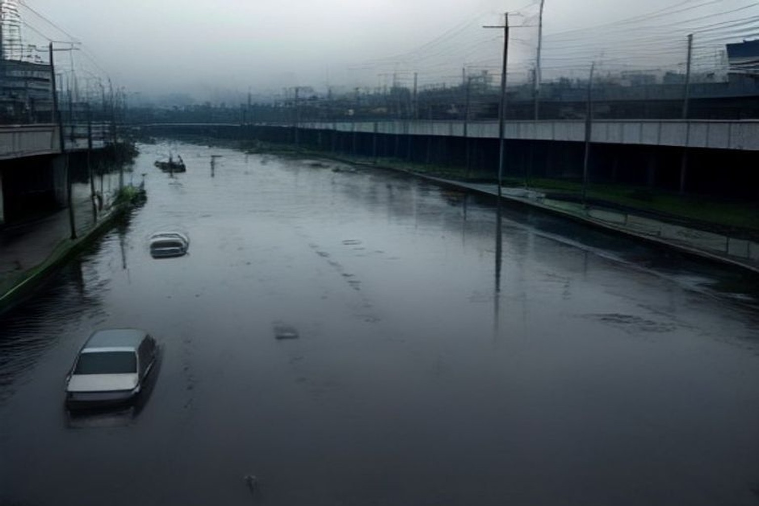 Illustrative flooded urban intersection with parked cars and grey monsoon sky, no readable signs