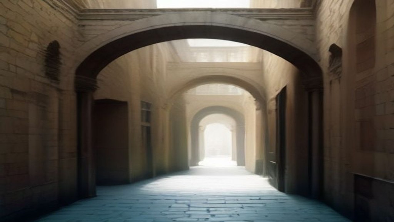 Empty stone gateway corridor, soft afternoon light, no people, no boards, no logos, no text