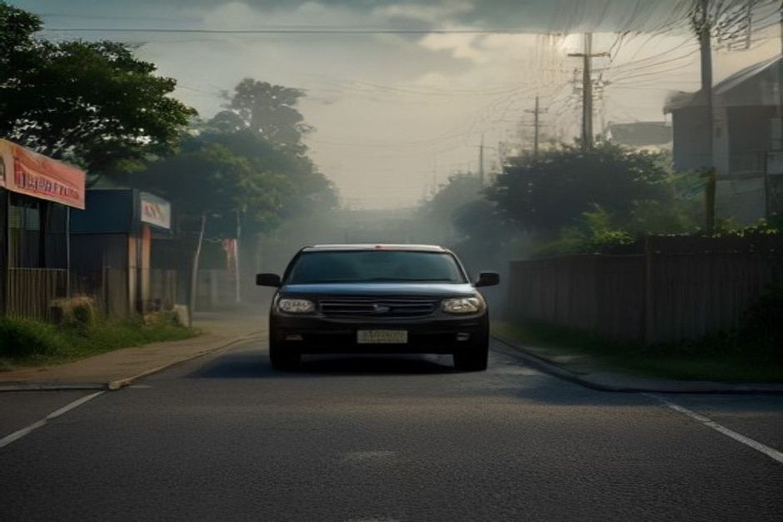 Illustrative traffic checkpoint scene with dark SUV stopped beside empty urban road, no plates or readable signs
