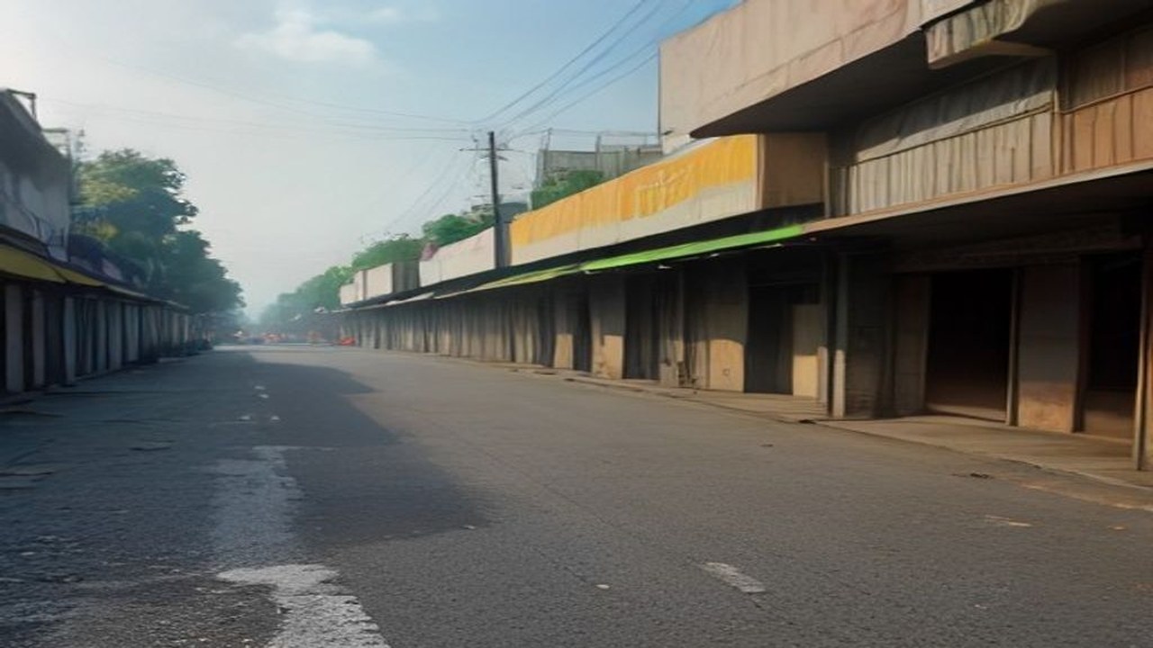 Empty city market road after clearance, soft daylight, no people, no readable signs, no logos, no text