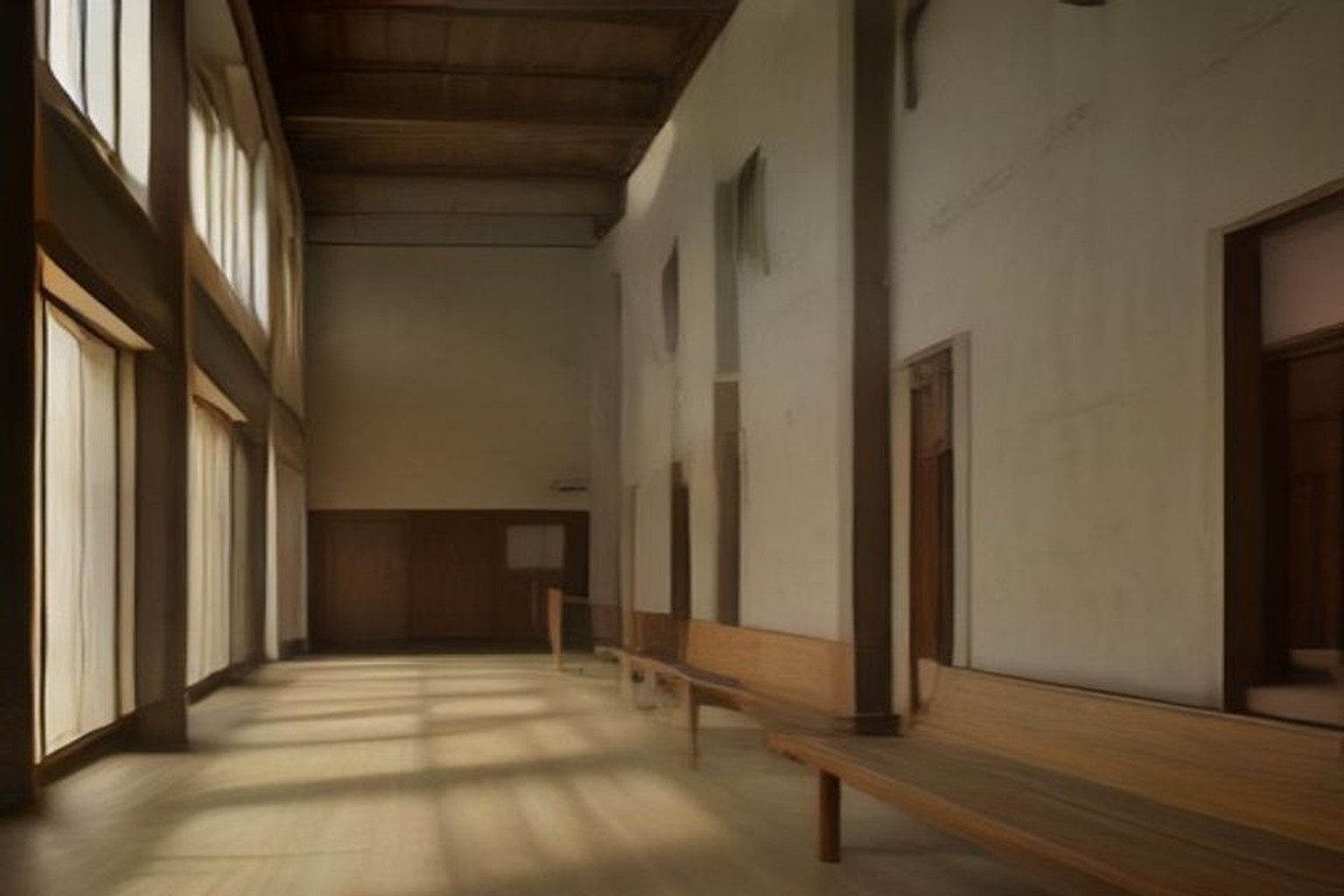 Illustrative empty courtroom corridor with wooden benches and soft daylight through tall windows, no text or papers readable