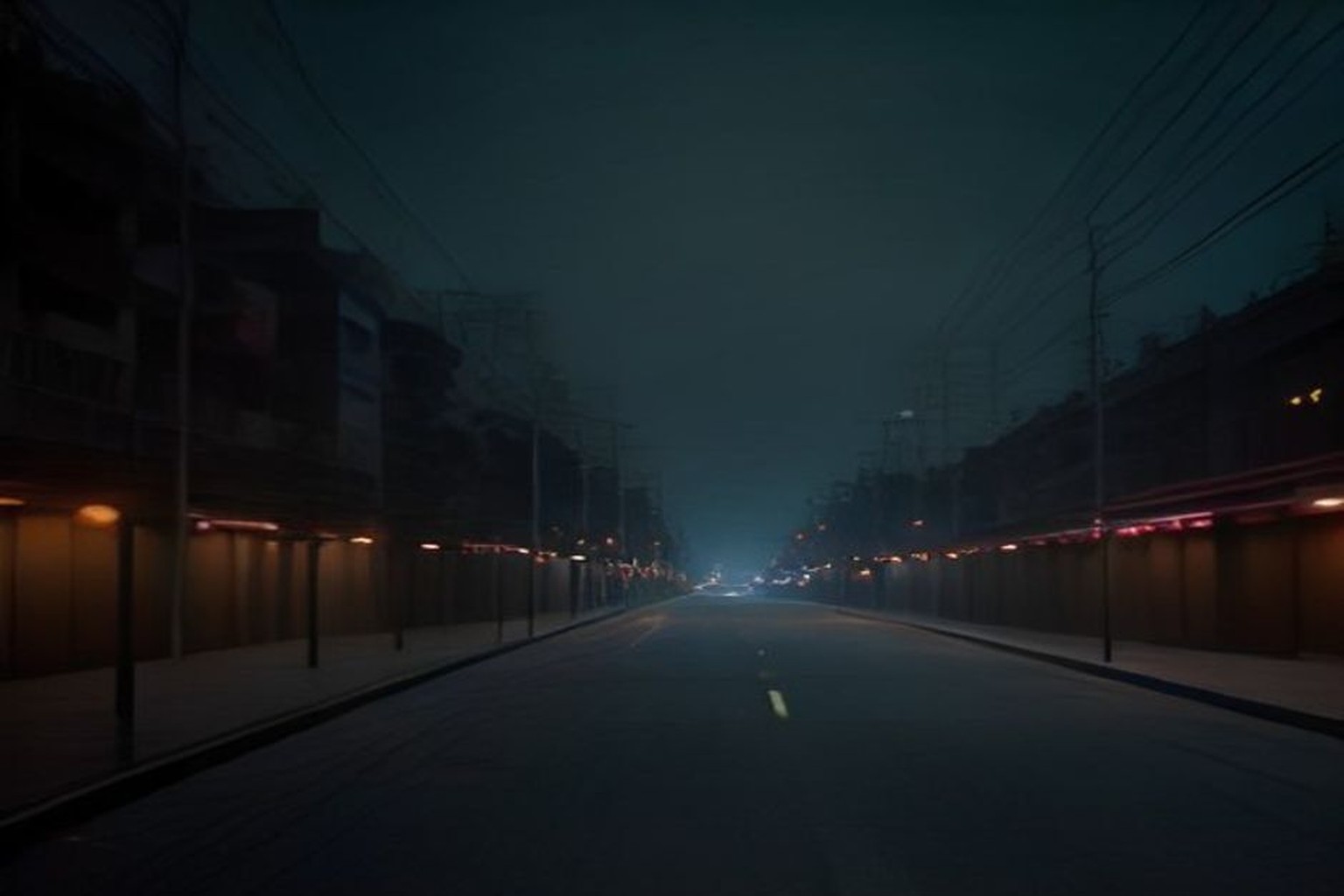Illustrative urban arterial road at night with glowing streetlights and empty sidewalk, soft sodium light, no readable signs