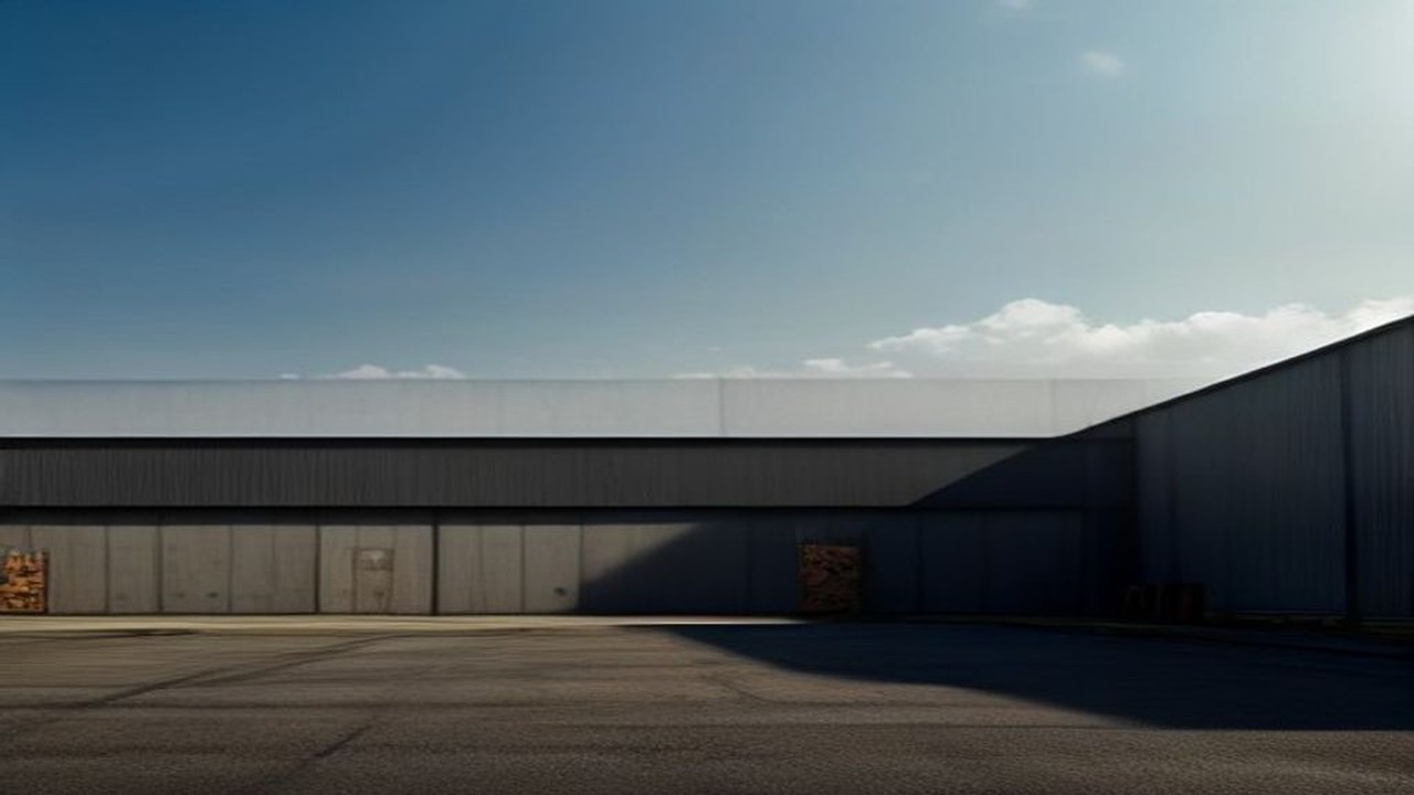 Empty industrial roadside warehouse exterior, soft daylight, no people, no logos, no text