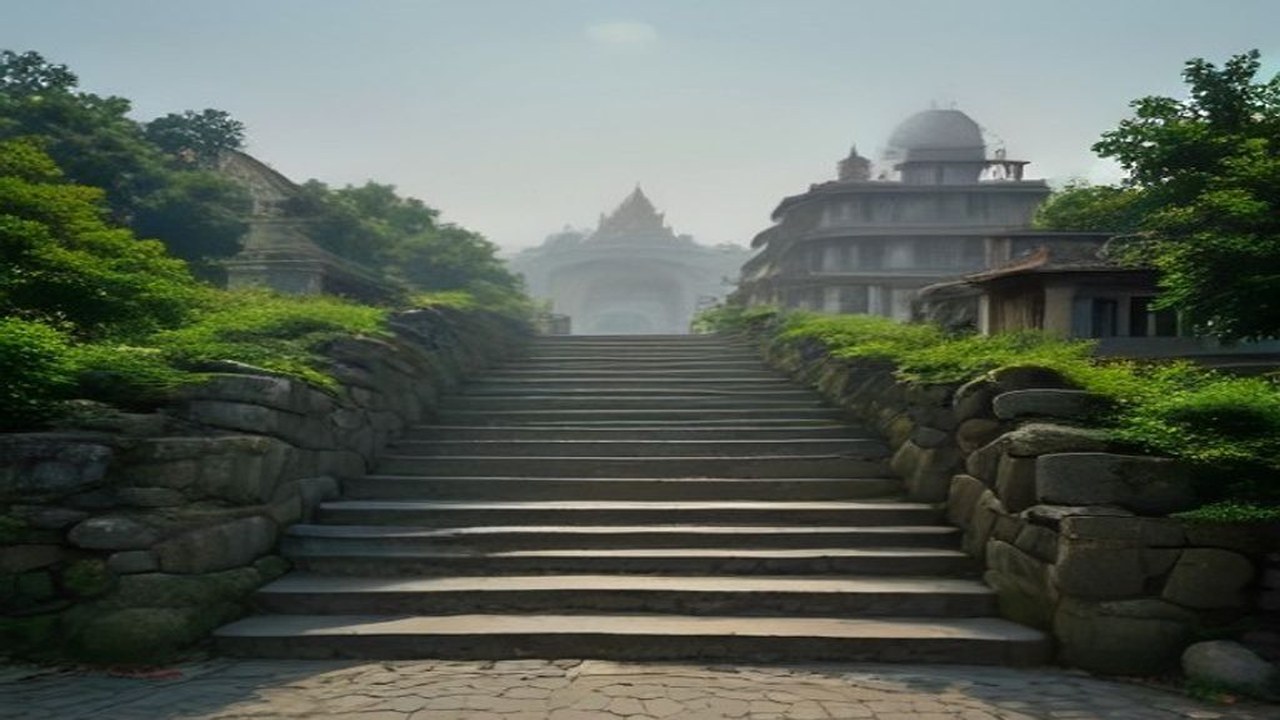 Empty wide riverfront ghat steps under open sky, soft afternoon light, no people, no logos, no text