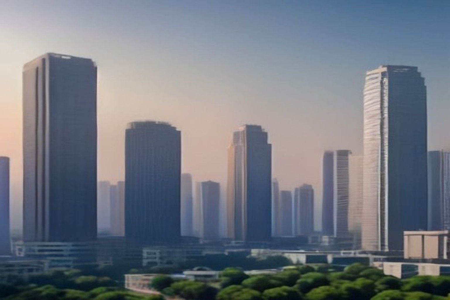 Illustrative high-rise residential towers under soft daylight with empty foreground plaza, no logos or readable boards