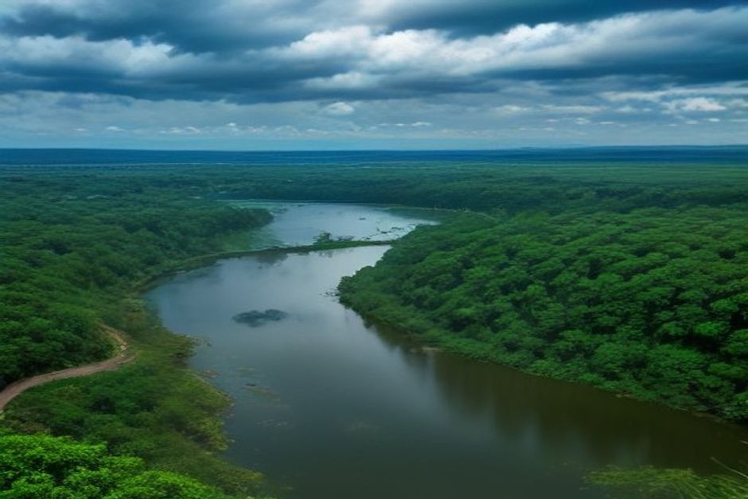 Illustrative open monsoon water body amid green scrub land under cloudy sky near urban fringe, no text or boards