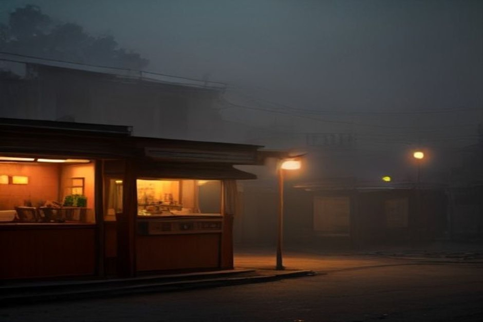Illustrative small roadside ATM kiosk exterior with haze and emergency orange glow at dusk, empty market edge, no logos or readable text