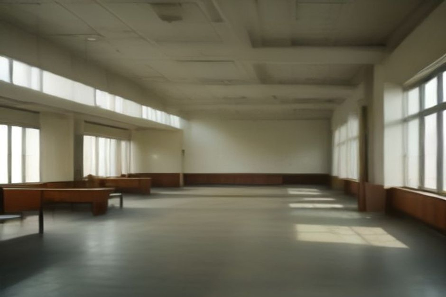 Illustrative empty civic office corridor with desks and soft daylight through windows, India documentary interior, absolutely no text no letters no numbers no logos no watermarks no readable papers o…