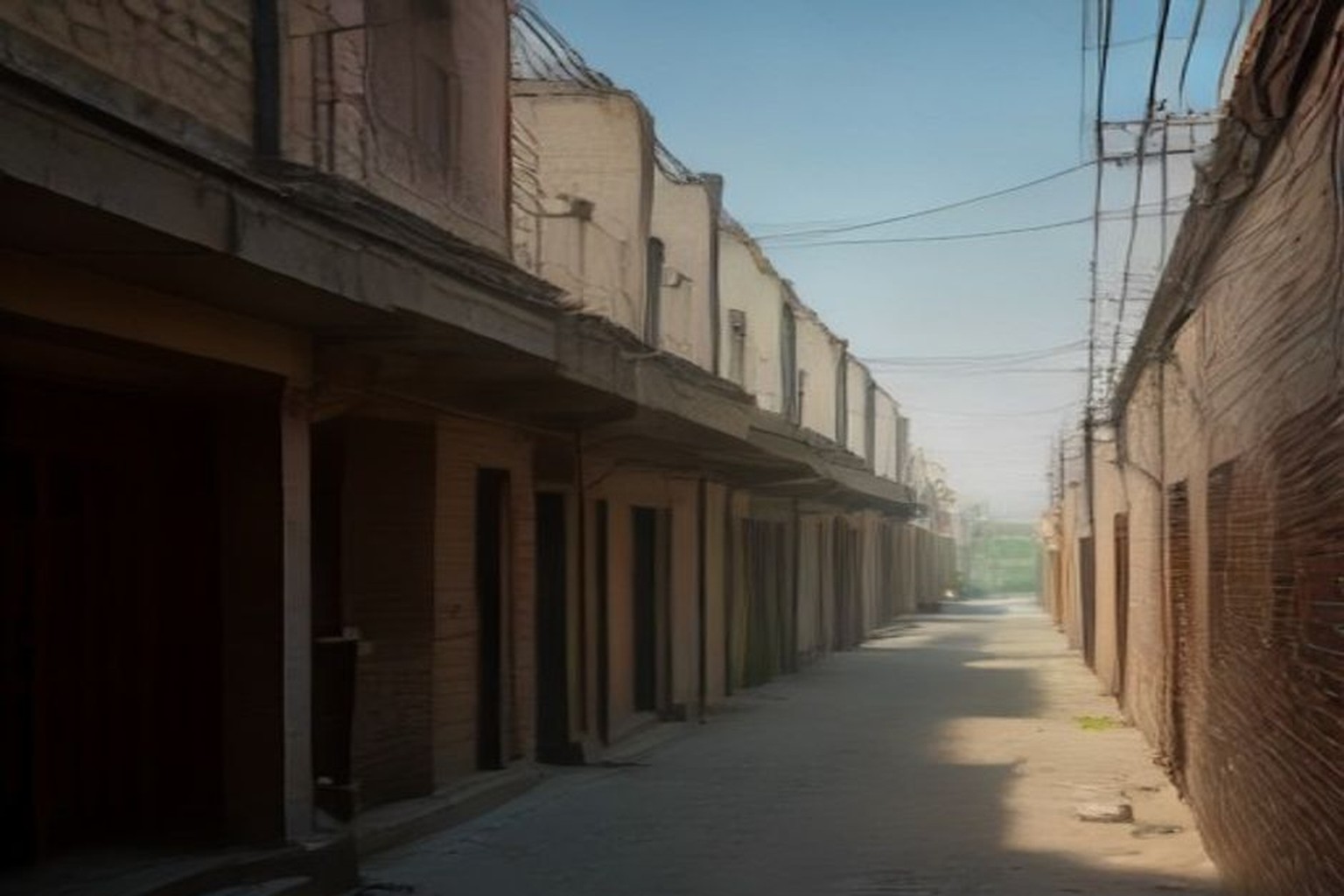 Illustrative empty residential colony lane with quiet rented house exteriors under soft daylight, India documentary landscape, absolutely no people faces, absolutely no text no letters no numbers no…
