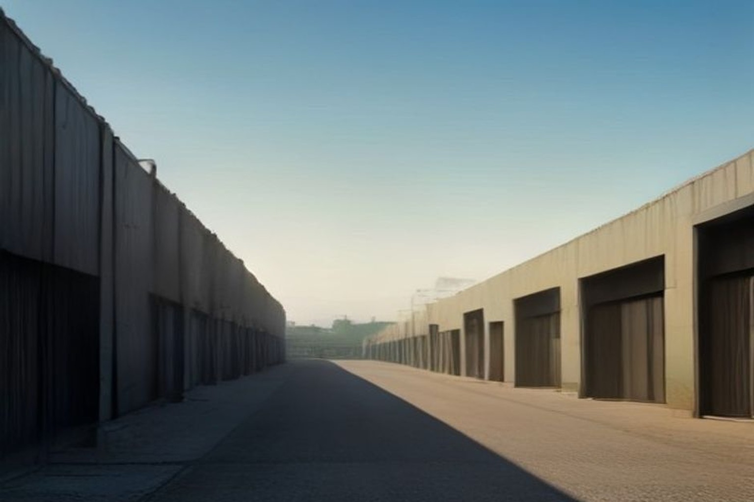 Illustrative empty industrial estate road with warehouse facades and soft daylight, India documentary landscape, absolutely no text no letters no numbers no logos no watermarks no readable boards or…