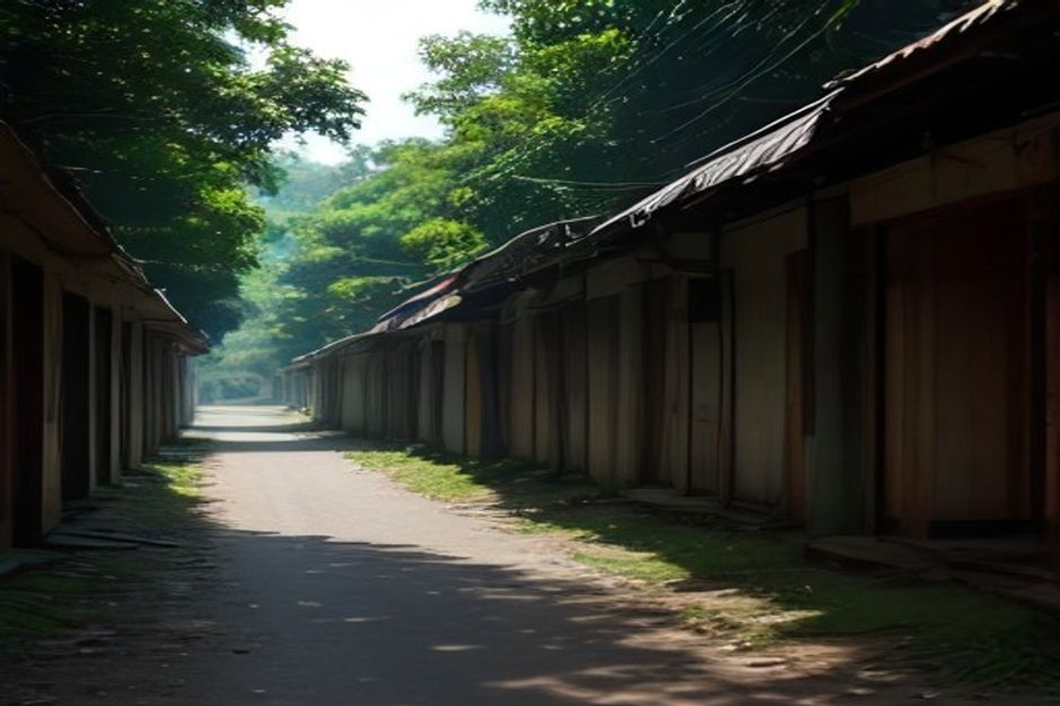 Illustrative empty residential colony lane after clearing of roadside extensions under soft daylight, India documentary landscape, absolutely no people faces, absolutely no text no letters no numbers…