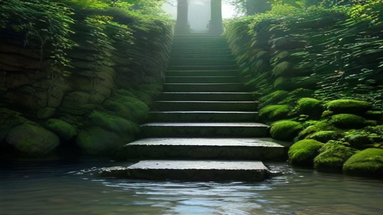 Empty stone kund steps soft morning light still water, no people, no logos, no text