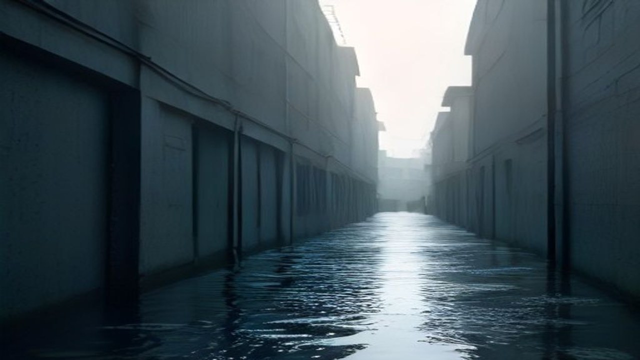Empty flooded narrow lane soft overcast light blank walls, no people, no logos, no text