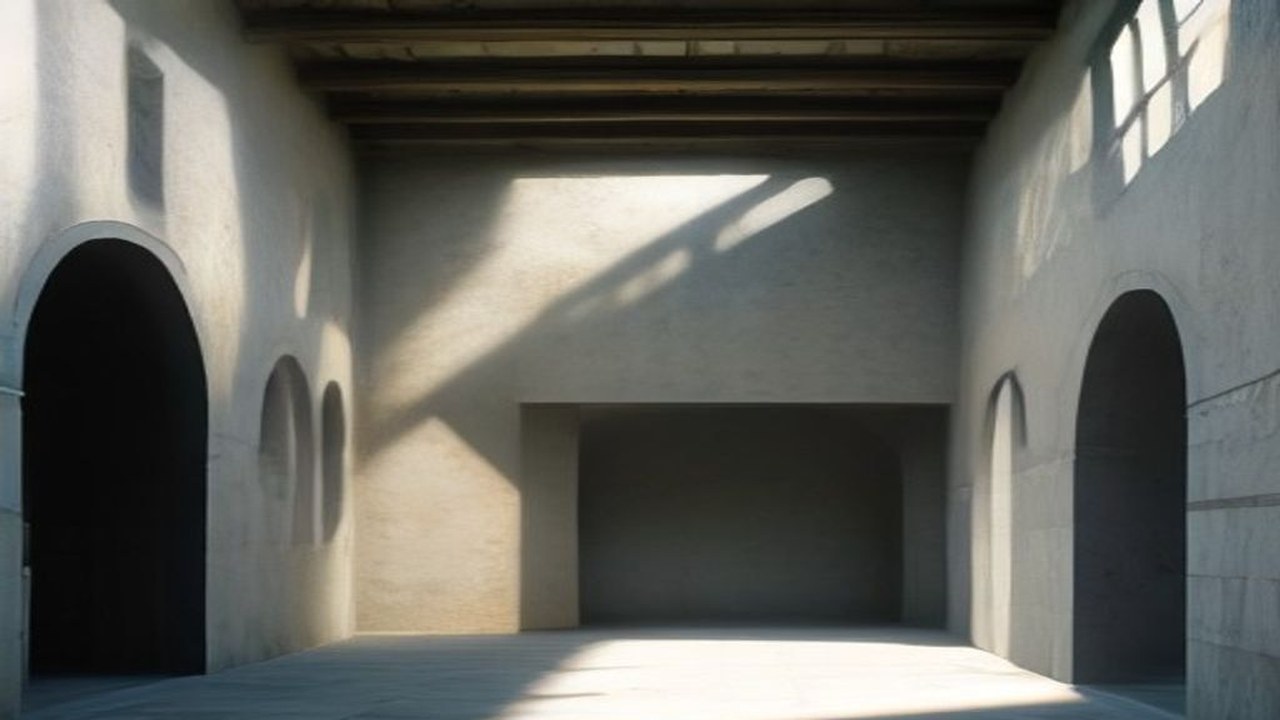 Empty open-air courtyard soft morning light blank walls, no people, no logos, no text