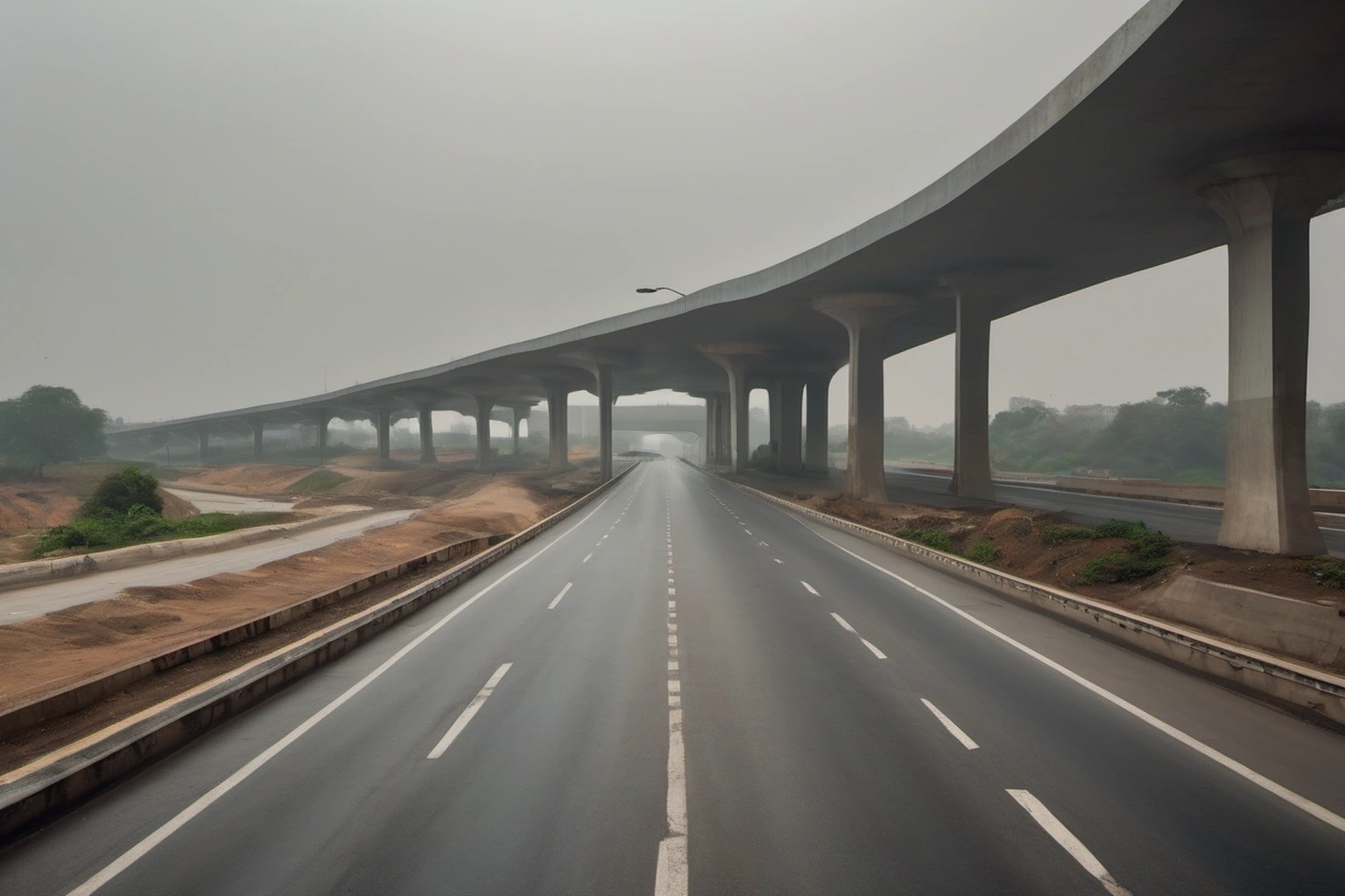 photorealistic editorial news photograph, empty multi-lane highway underpass and flyover approach at soft overcast daylight, India documentary landscape, absolutely no people, absolutely no text no l…