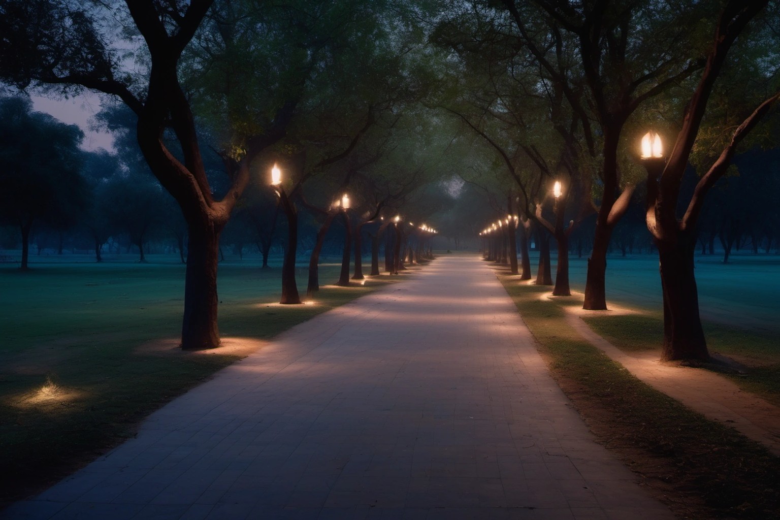 photorealistic editorial news photograph, empty landscaped public park path at blue hour with soft distant path lights and trees, India documentary landscape, absolutely no people faces, absolutely n…