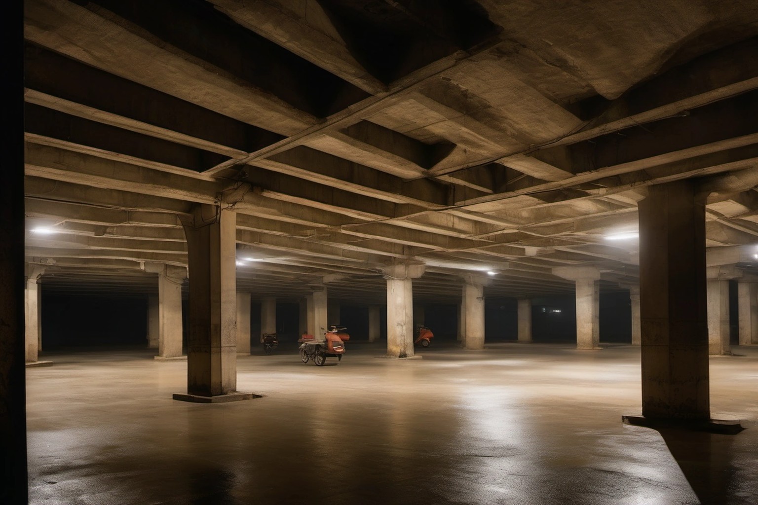 photorealistic editorial news photograph, empty multi-level market parking deck at night with soft overhead lamps and wet concrete, India documentary interior, absolutely no people faces, absolutely…