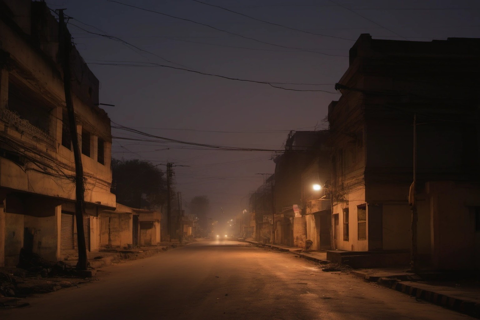 photorealistic editorial news photograph, empty urban police station approach road at dusk with soft street lighting, India documentary landscape, absolutely no people faces, absolutely no text no le…