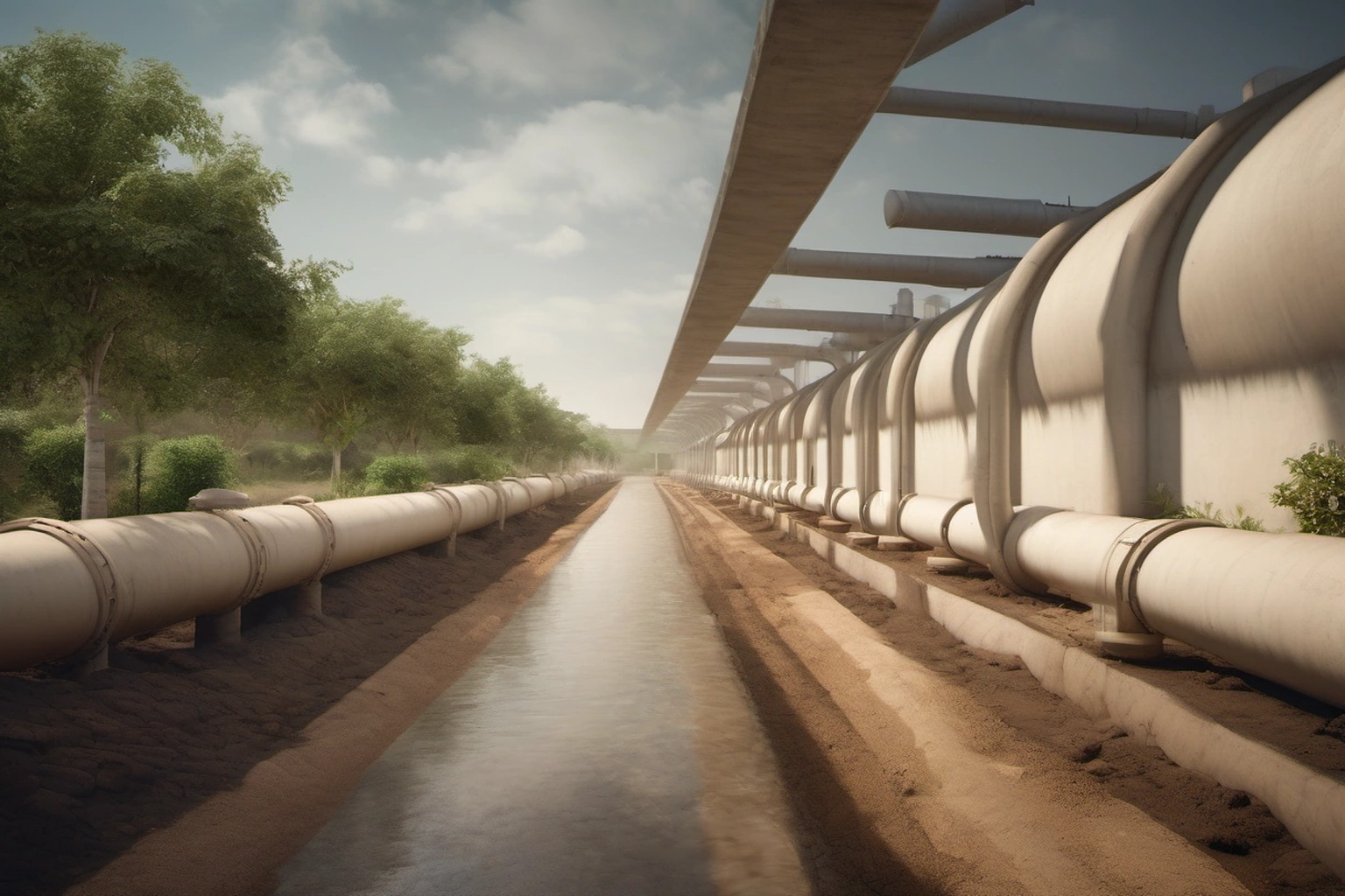 photorealistic editorial news photograph, empty utility corridor with large water pipelines along a landscaped verge under soft daylight, India documentary landscape, absolutely no people, absolutely…