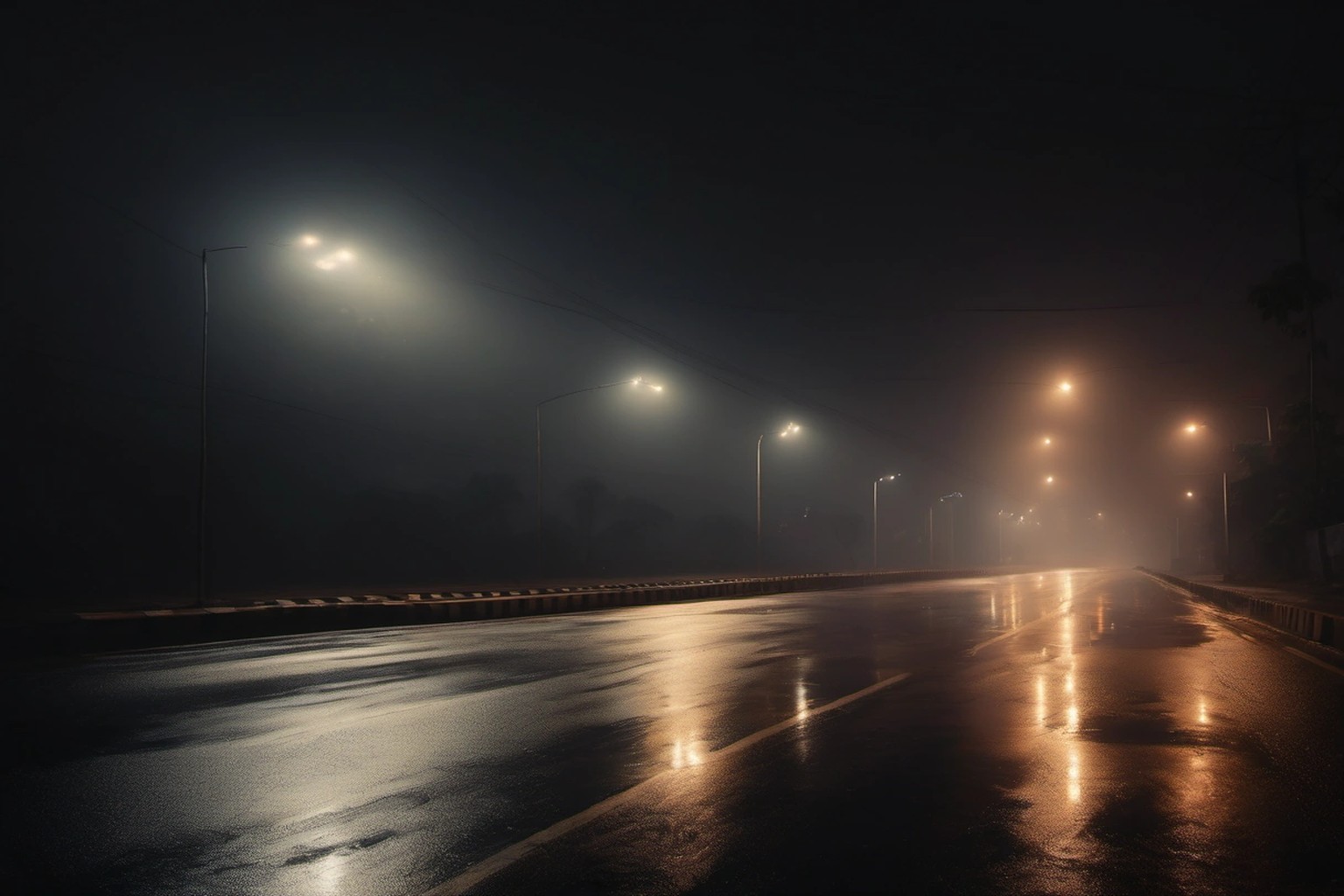 photorealistic editorial news photograph, empty wide arterial road at night with soft streetlights and wet asphalt reflections, India documentary landscape, absolutely no people, absolutely no text n…