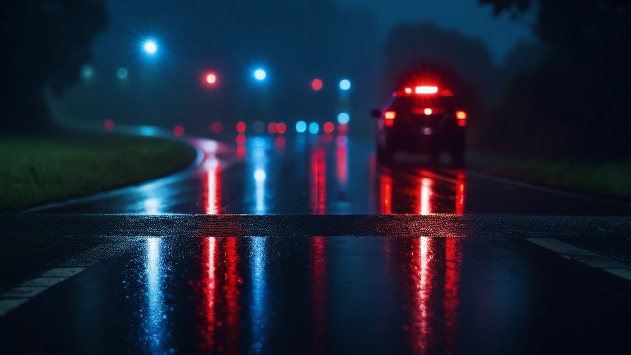 Blurred police beacon lights reflecting on a wet city road at night with hills beyond